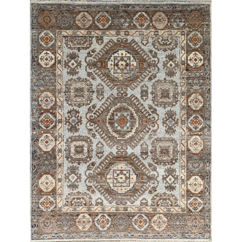 Tapis traditionnel en laine noué à la main ivoire Sloane Kazak, Rectangle 9 pi x 12 pi