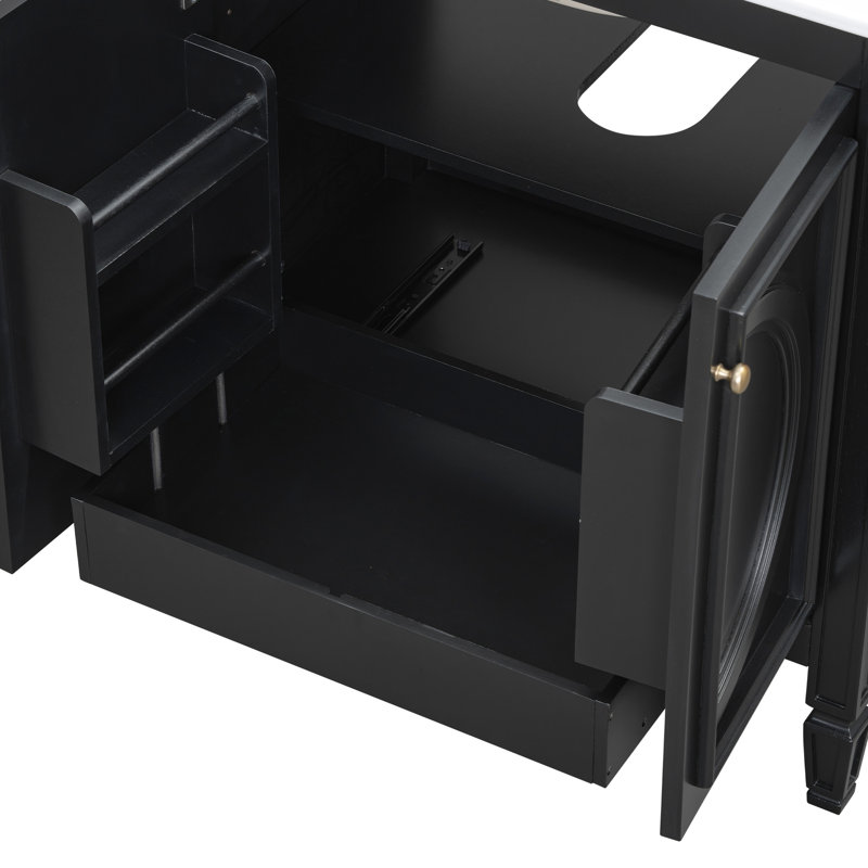 Meuble-lavabo de 30 po avec lavabo, armoire de décoration de style rétro. Finition noire, bois véritable, lavabo en céramique, tablette design. Noir, plateau lisse