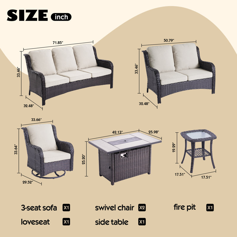 Tommy 7 - Person Patio Conversation Set with Cushions, Beige, Brown