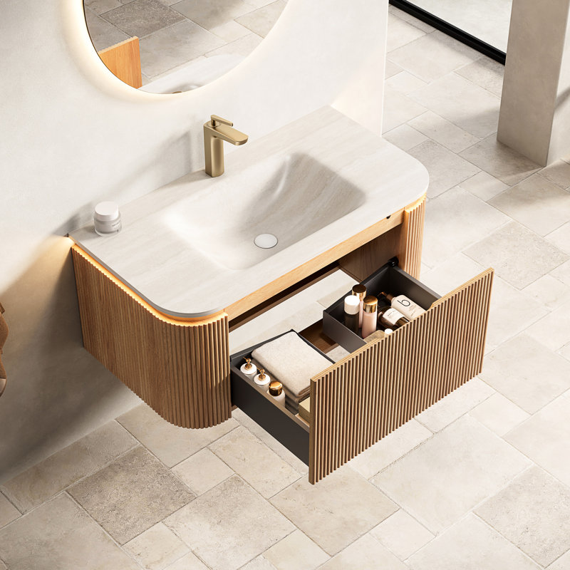 Meuble-lavabo de 36 po avec lavabo, finition rayée 3D en pierre naturelle frittée, capteur, rangement spacieux, pré-assemblé, bordures en pierre flottantes faciles à installer, éclairage à DEL, fermeture en douceur
