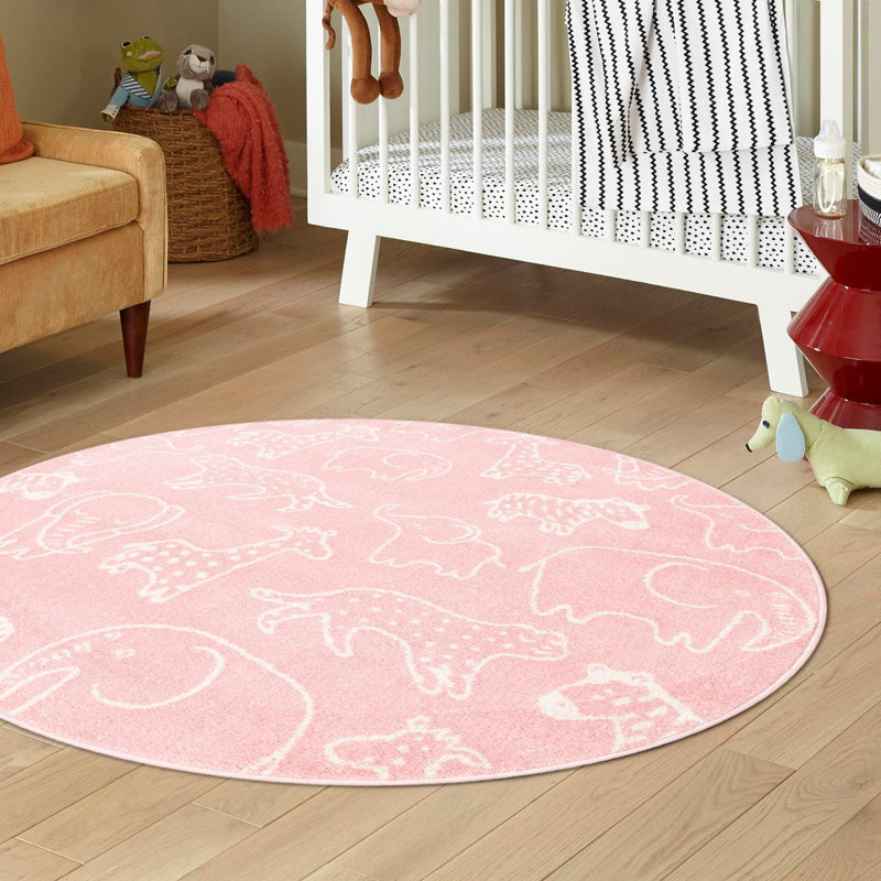 Whimsy Safari Animals Kid Rug, Round 3'3", Pink