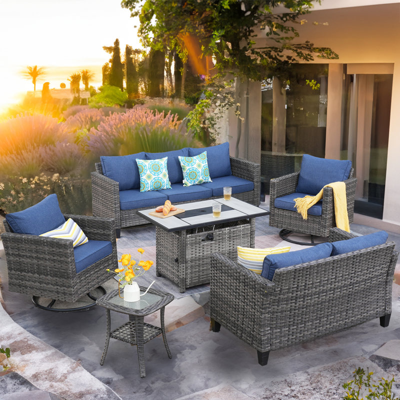 Lovall Premium All-Weather Wicker 7 - Person Patio Conversation Set with Cushions, Denim Blue