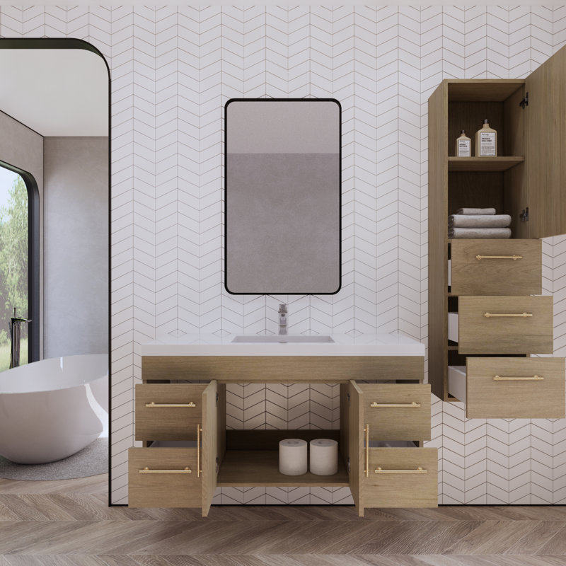Ensemble de meuble-lavabo simple mural 47 po Bastos, Chêne blanc