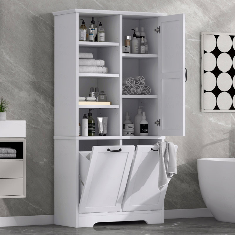 Bathroom Storage Cabinet With Doors And Drawers, Tilt-Out Laundry Hamper, Multiple Storage Space, Freestanding Style, Open Shelves, Adjustable Shelves