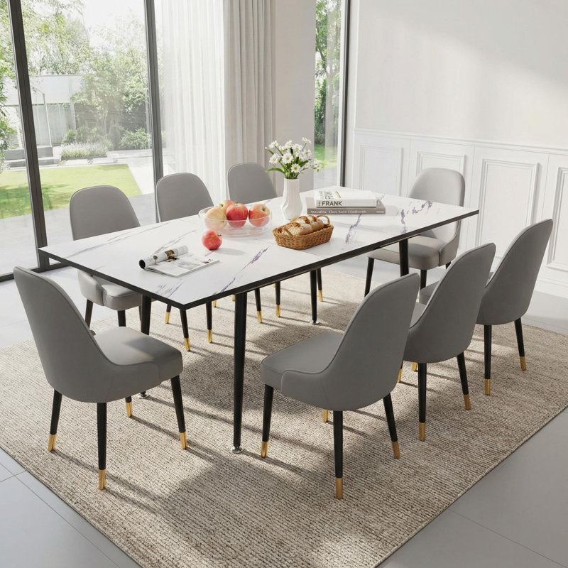 Expandable 47"–63" White Marble Mdf Dining Table With Black Metal Legs