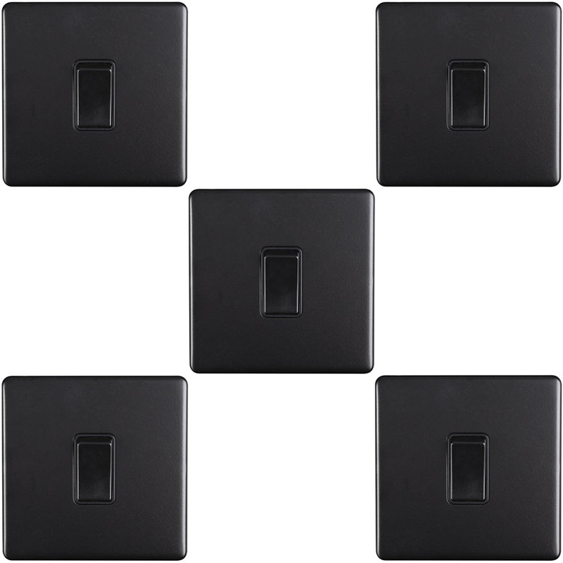 5 PACK 1 Gang Single Light Switch SCREWLESS MATT WHITE 2 Way 10A Slim Rocker, Matte Black, Black