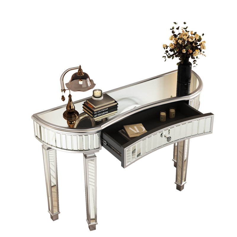 Console semi-circulaire de 47 pouces avec miroir pour chambre ou garde-robe, dotée d'un tiroir en verre cannelé et bouton en cristal, gris et argent, matériau en bois dur, table au design mince d'inspiration milieu du siècle.
