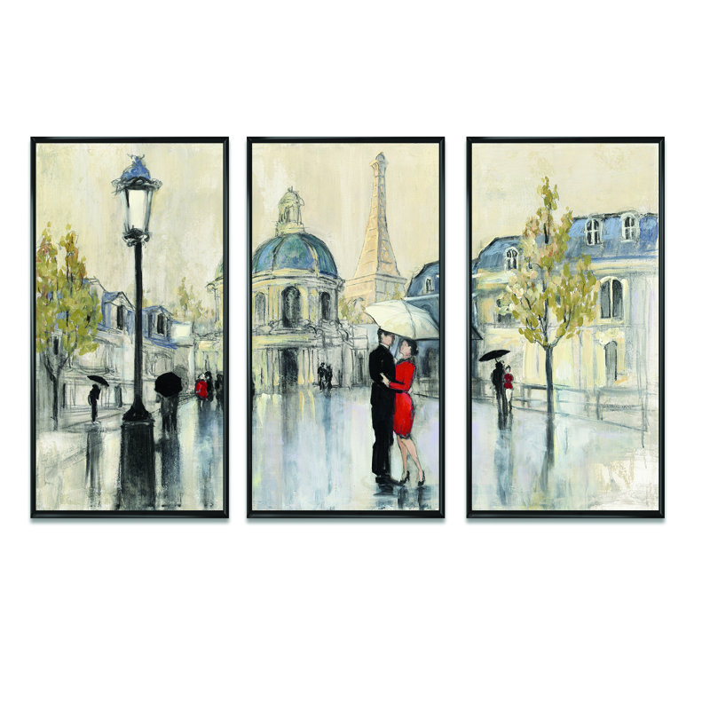 «Love In Paris I», ensemble de 3 toiles d'art encadrées traditionnelles, H 28 po x l 36 po, Cadre érable