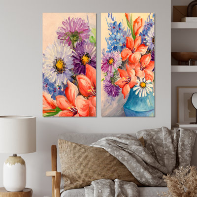 «Vintage Bouquet of Blossoming Wildflowers IV», ensemble de 2 peintures sur toiles