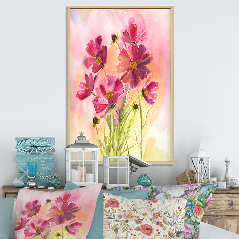 Cosmos fleurs roses - reproduction de cadre photo sur toile, H 20 po x l 12 po x P 1 po, Cadre flottant brun