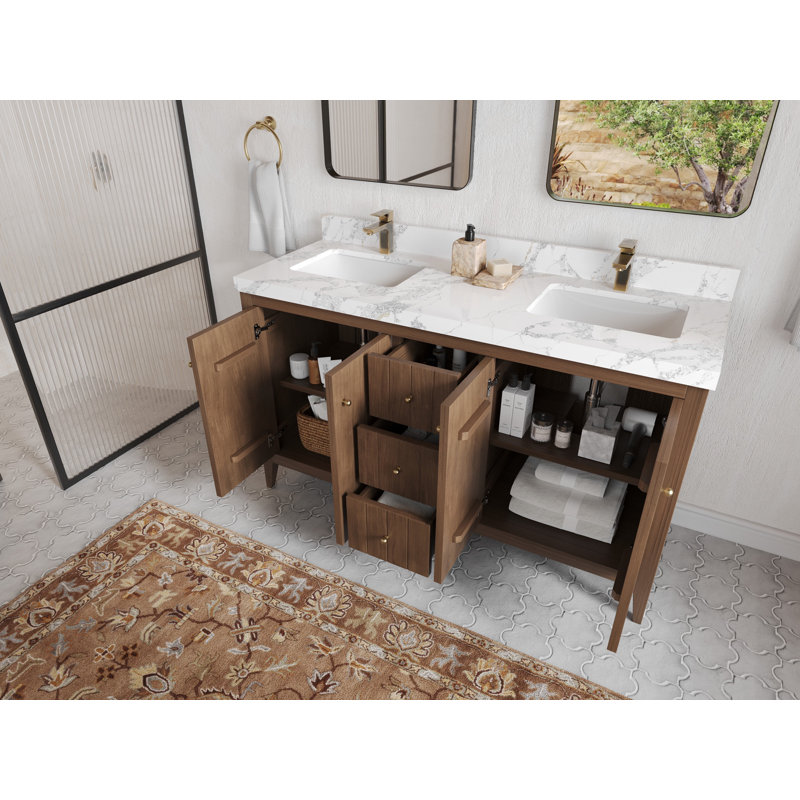 Atlanta Teak Double Bathroom Vanity with Calacatta Gold Top