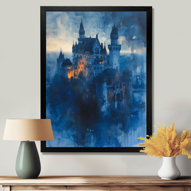 Impression sur toile orange, orange et bleu, château gothique de Dracula, Toile encadrée noire simple