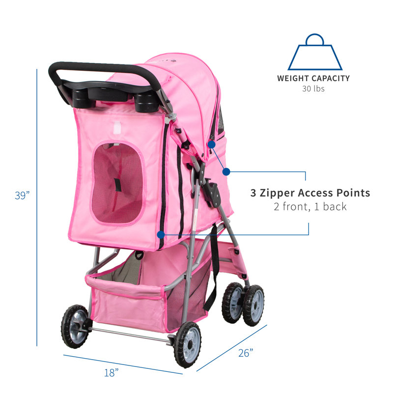 Pink Foldable Metal Pet Stroller with Mesh Windows