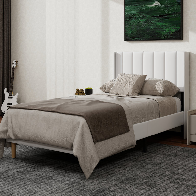 Structure de lit plateforme tapissier avec oreilles, Lit simple, Blanc