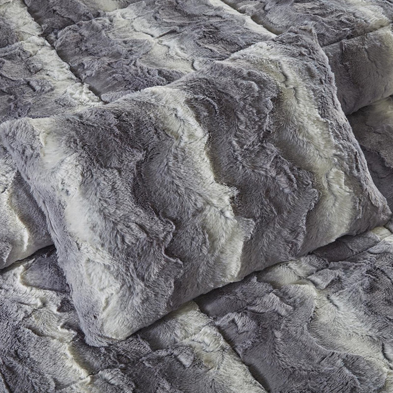 Literie en fausse fourrure grise pour très grand lit, avec 2 taies décoratives et coussin décoratif, Gris