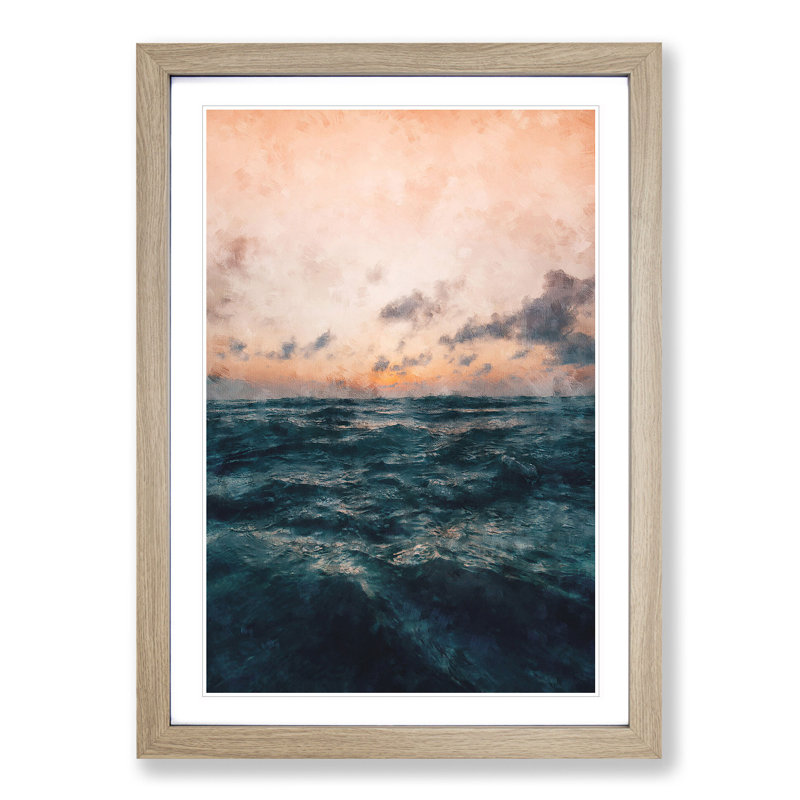 Ocean Beneath a Peach Sky - Picture Frame Graphic Art Print, Oak Framed, 87cm H x 62cm W x 2cm D