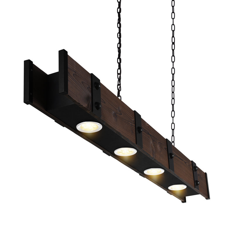 59in Rustic Wood & Metal Chandelier – 4-Light Industrial Ceiling Fixture in Black & Brown for Dining Room, Kitchen Island, or Farmhouse Decor
