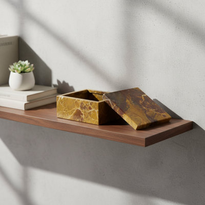 Natural Amber Marble Storage Box, 2x5 Rectangle Lidded Container, Veined Stone Vanity Trinket Dish