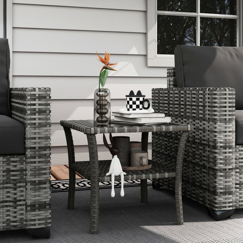 Mixed Gray Coffee Table, 2 Outdoor Storage, Tempered Glass, Pe , Aluminum Frame Square Glass Grey