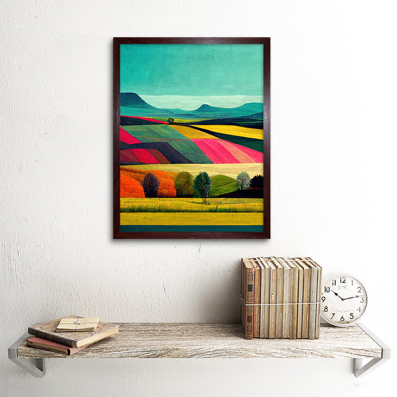 Colourful Bright Countryside Fields Landscape - Print, Brown Framed Paper, 43cm H x 33cm W