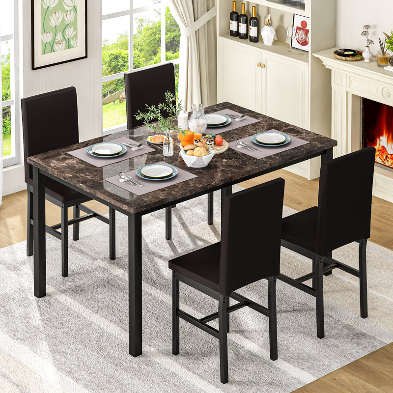 Geore 4 - Person Four Leg Dining Set,  Marble Brown