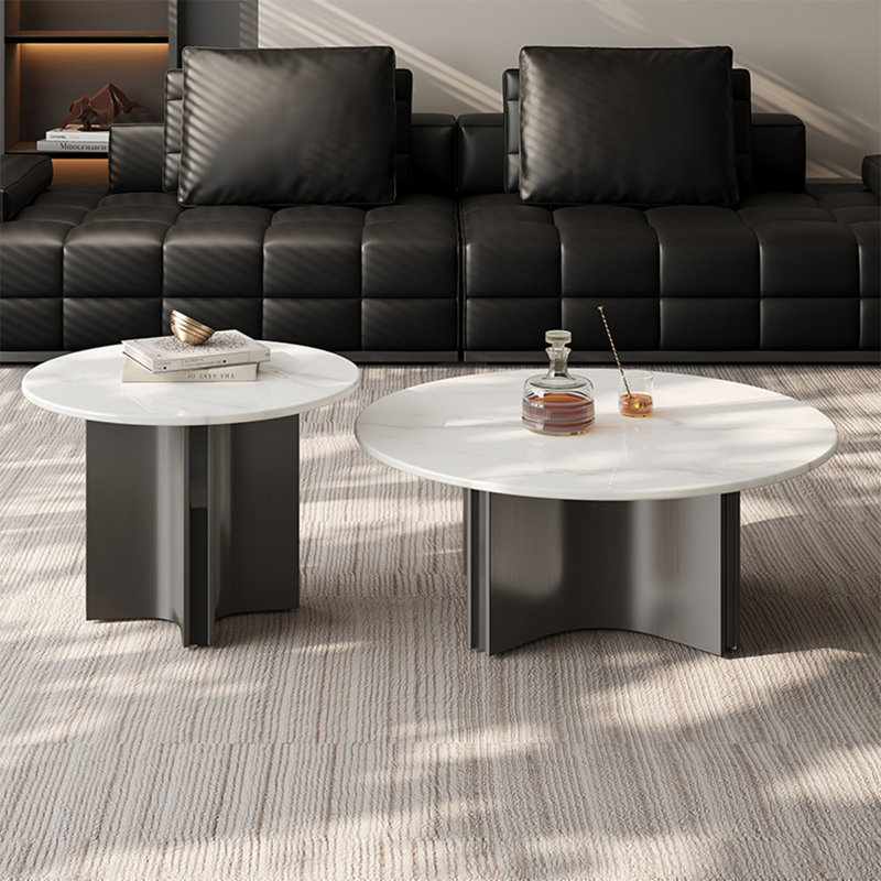 Simple round stone slab coffee table set, 14.2" H x 31.5" L x 31.5" W, White