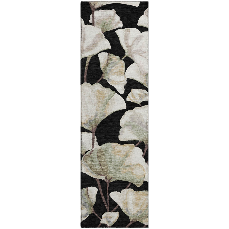 Tapis floral lavable à la machine de qualité supérieure Mayfield AMF2405, Noir, Tapis de couloir 2 pi 3 po x 7 pi 6 po