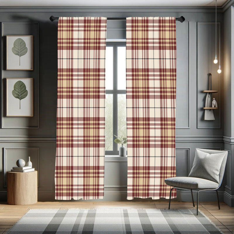  Checkered Curtains, Plaid Tartan English Tile, 56" W x 63" L, Redbrown