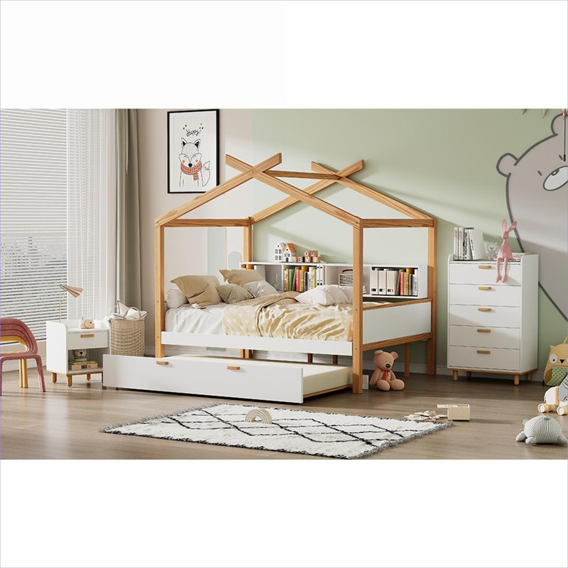 Lit plateforme classique blanc de style maison ludique, lit double avec lit gigogne escamotable et bibliothèque intégrée, bois massif