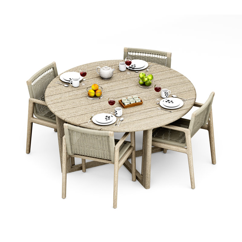 4 Seats 5 Pcs Grade-A Weathered Teak Wood Dining Set: 60" Sema Round Table And 4 Sema Arm Chairs #11Se3504, 4