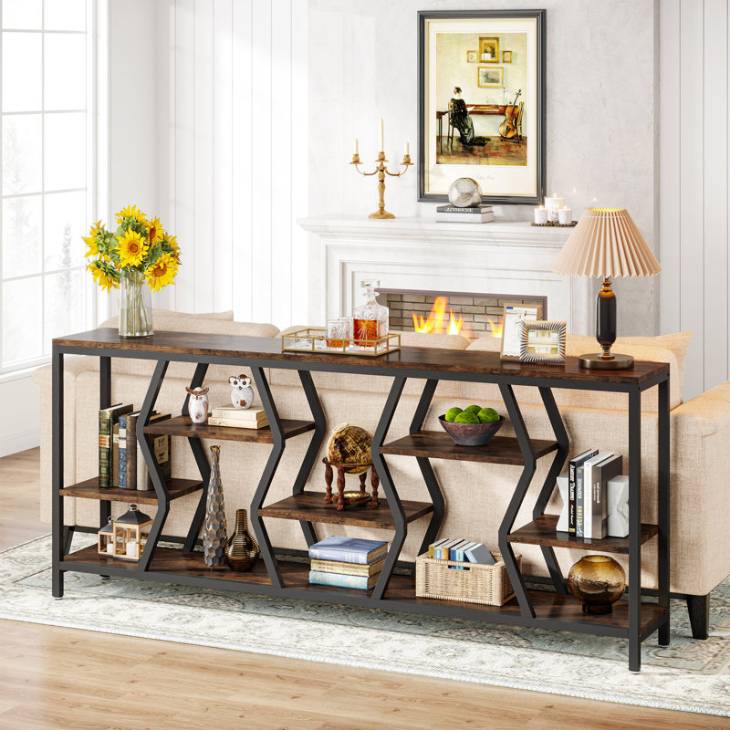 70.9" Extra Long Sofa Table, Rustic Console Table with 4 Tier Storage Shelves For Living Room