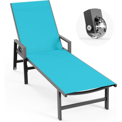 Chaise longue d'extérieur avec roulettes et accoudoirs, fauteuil inclinable réglable à 5 positions avec cadre en aluminium pour piscine, plage, terrasse et jardin, bleu lac