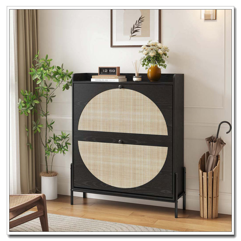 2-Drawer Wooden Shoe Cabinet with Rattan Doors, Black