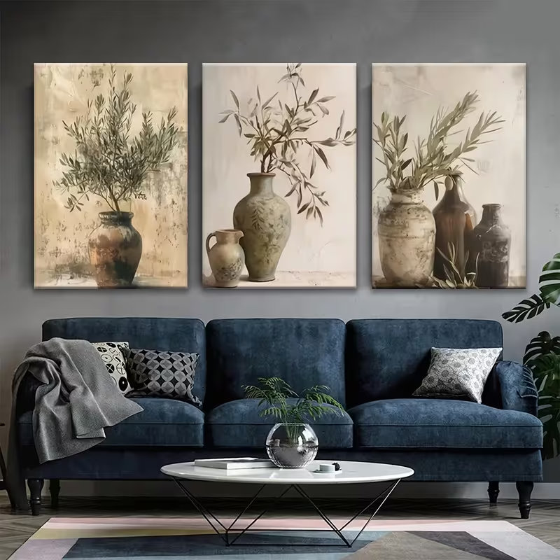 Art mural en toile 3 pièces Modern Modern Rustic Olive Branch H 12 po x l 24 po - décoration de salon, H 16 po x l 36 po