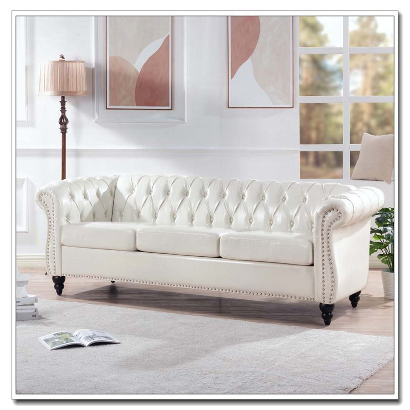 Canapé Chesterfield à accoudoirs roulés 3 places 84,65 po, Blanc