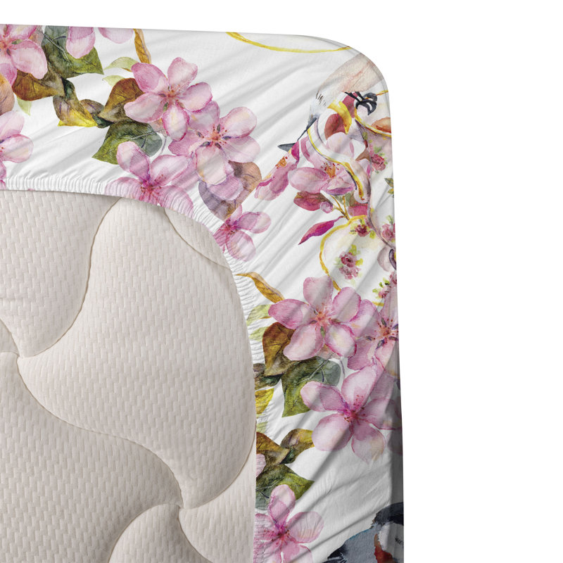 Ambesonne Watercolor Botany Sheet Set 4 Pcs Retro Boho Bloom, Off White Pale Pink Floral, Twin Sheet Set with 1 Pillowcase