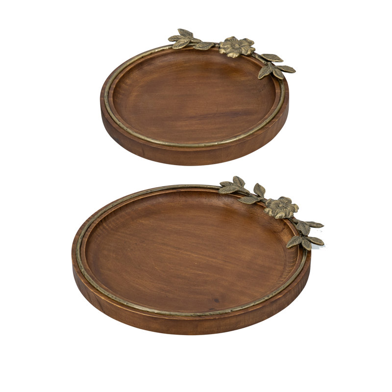 S / 2 plateaux décoratifs en bois de pin brun avec accent doré L: 14,5 x 15,5 x 1,5 po S: 11,5 x 12 x 1,5 po