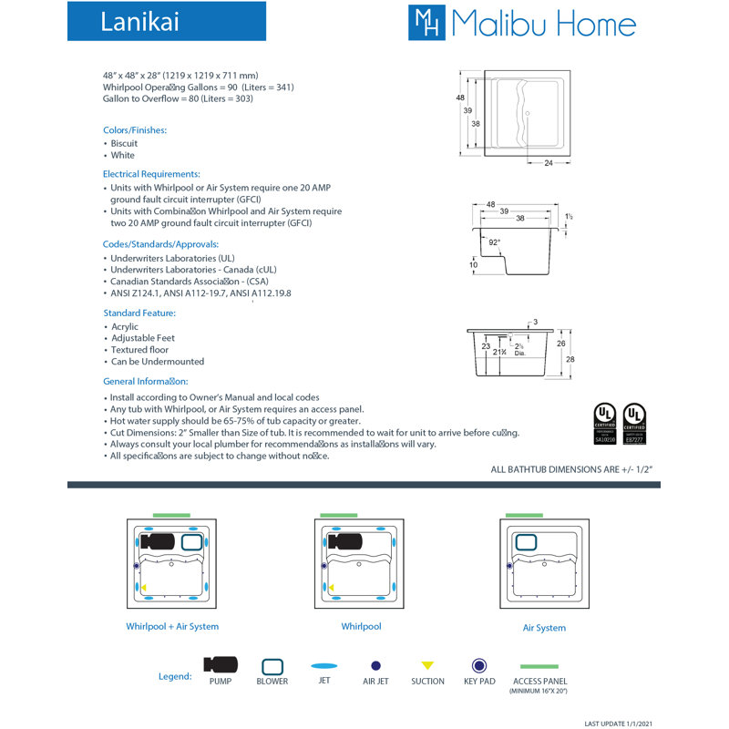 Lanikai 48" x 48" Drop In Soaking Acrylic Bathtub with Integrated Seat, White