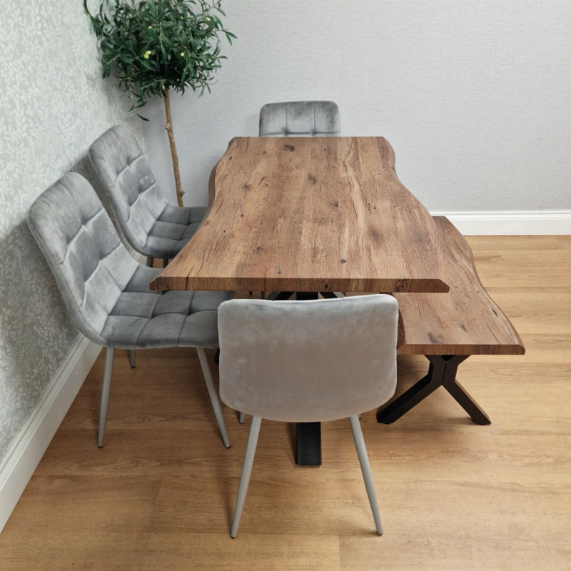 Rustic Brown Wooden Dining set with Table and Velvet Chairs, 75cm H x 80cm W x 140cm D, Grey, 6