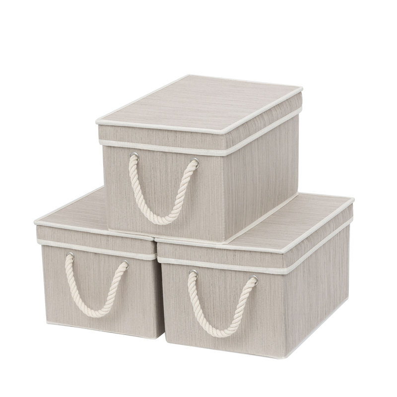 3 Piece Fabric Box Set with Lids and Handles, Gray, 8.6" H x 10.8" W x 15.2" D