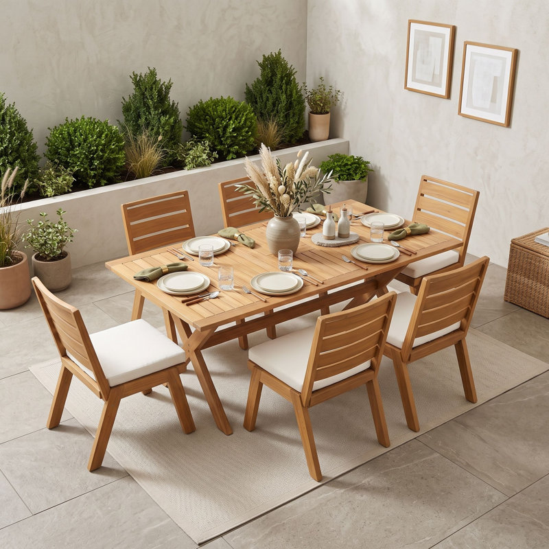 Ensemble de salle à manger d'extérieur 7 pièces en bois d'acacia massif avec table extensible finition teck et 6 chaises beiges rembourrées, idéal pour les repas sur la terrasse, dans le jardin, la cour, le patio, la pelouse et au bord de la piscine.