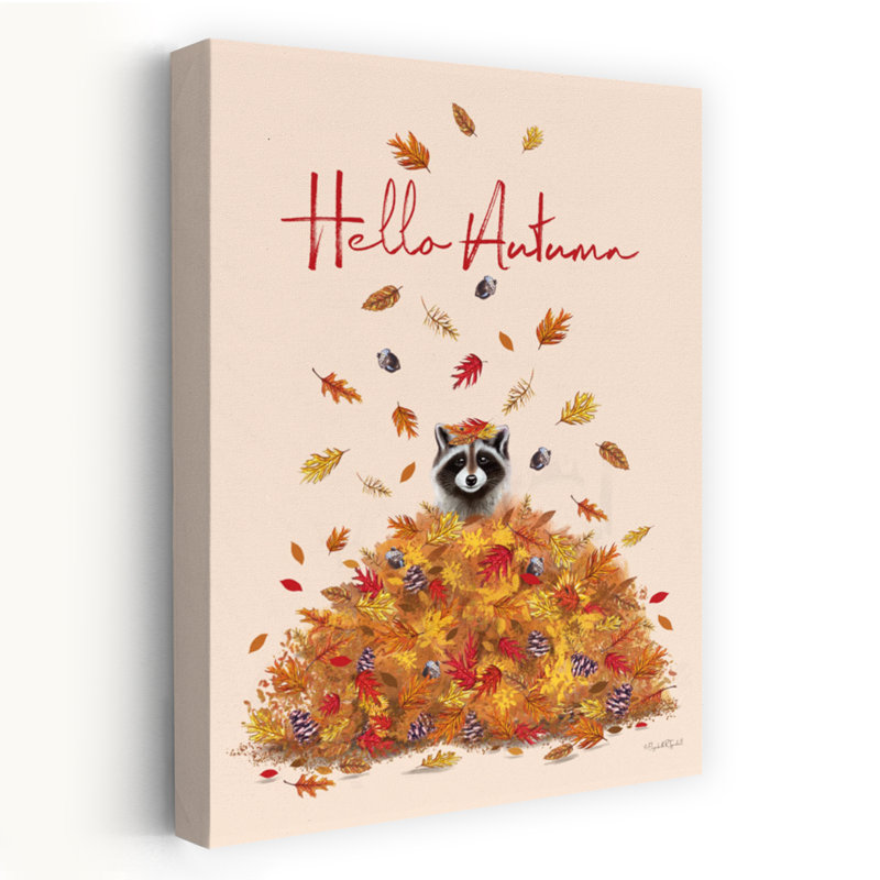 «Hello Autumn Raccoon» - texte contemporain «Hello Autumn Raccoon» en feuilles, H 24 po x l 36 po
