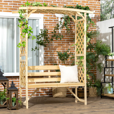 Josefina Patio Garden Bench Arbor Arch with Pergola and 2 Trellises, 3 Seat Natural Wooden Outdoor Bench for Grape Vines & Climbing Plants, Backyard D by Beachcrest Home