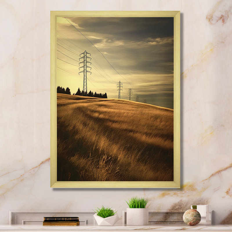 Lignes électriques, minimalisme, coucher de soleil, Encadrement doré, H 20 po x l 12 po x P 1 po