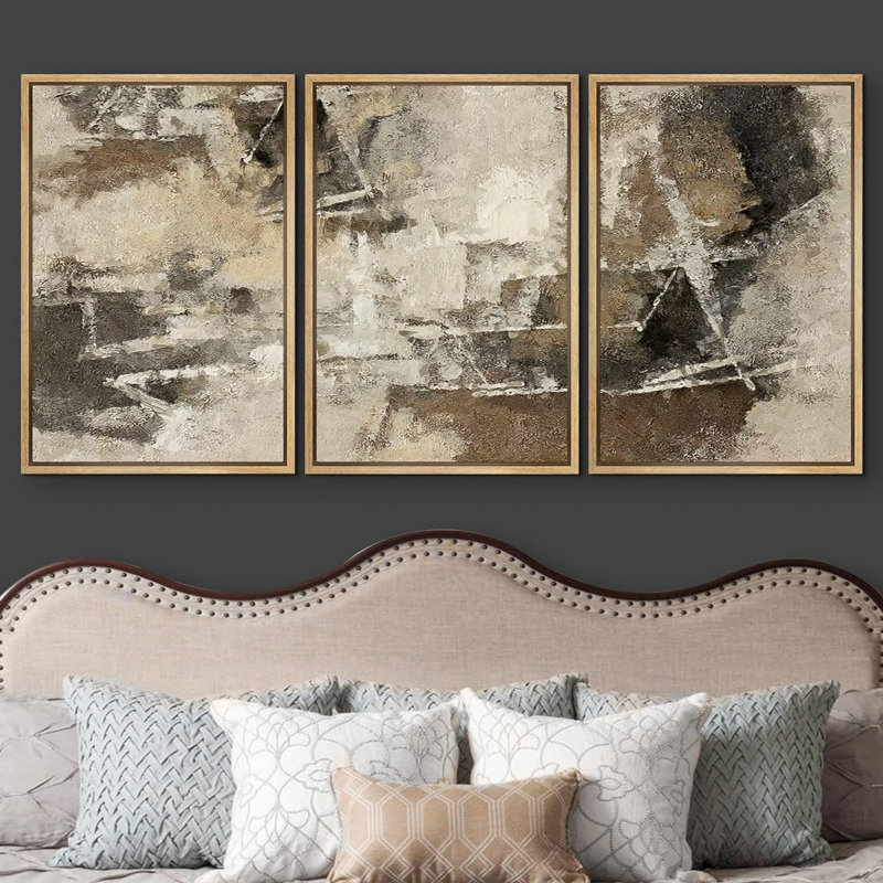 Reproduction d'art moderne sur toile, 3 pièces, H 24 po x l 48 po x P 1,5 po, Cadre naturel flottant