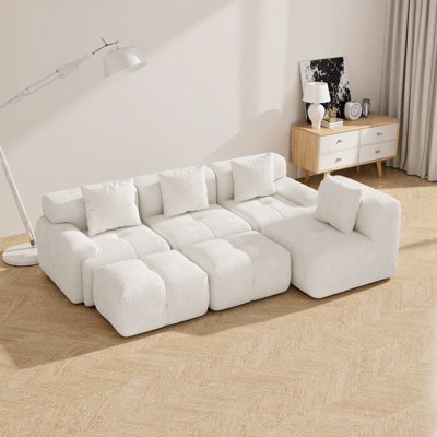 Canapé-lit modulaire capitonné 6 pièces avec 2 repose-pieds et coussins, méridienne modulaire en U pour le salon, ivoire