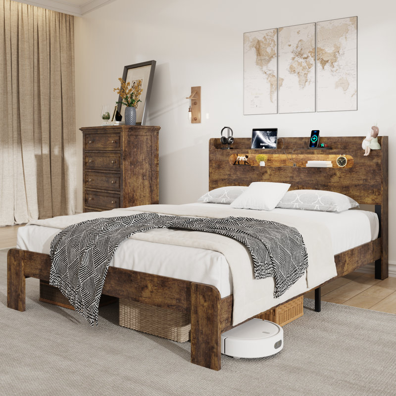 Farmhouse Wooden Bed Frame with Storage Headboard, Wood Platform Bed Frame with Charging Station & Led Lights, Queen, Brown