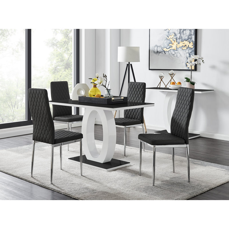 Scottsmoor Modern High Gloss Halo Dining Table Set with x4 Luxury Faux Leather Dining Chairs, Black, Black/Silver