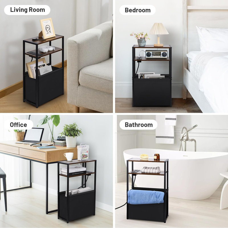 Narrow Side Table With Charging Station, Storage Bag, And Space-Saving Design