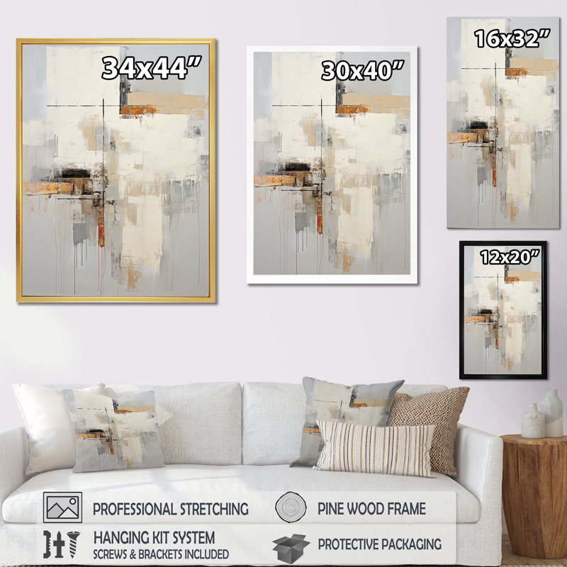 Art scandinave moderne beige et jaune, Cadre flottant doré, H 44 po x l 34 po x P 1,5 po